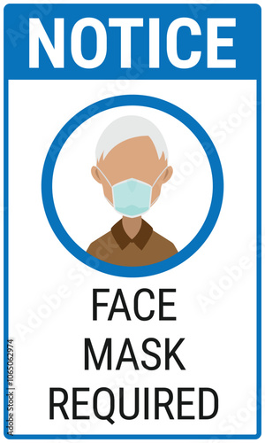 Face mask required notice sign. Vector illustration of an old man wearing a light blue face mask. Sign for public places, factories or hospitals