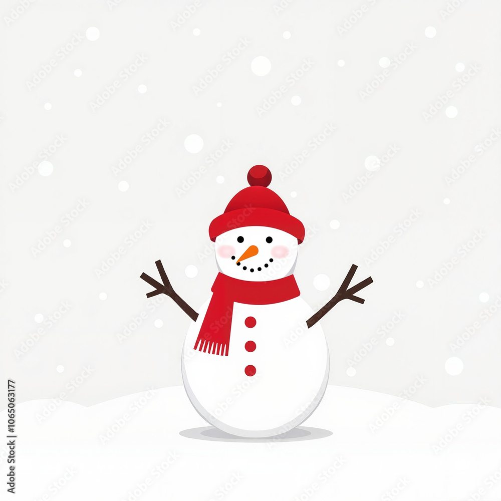 Fototapeta premium Illustration of snowman on light background wearing red hat and scarf, Al Generation