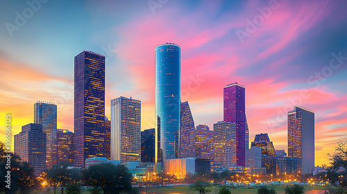 Vibrant sunset illuminates Houston skyline, showcasing modern architecture and urban life.