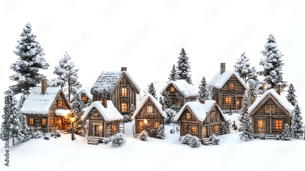 Fototapeta premium Charming snow-covered houses illuminated in a winter wonderland, creating a cozy and festive atmosphere.