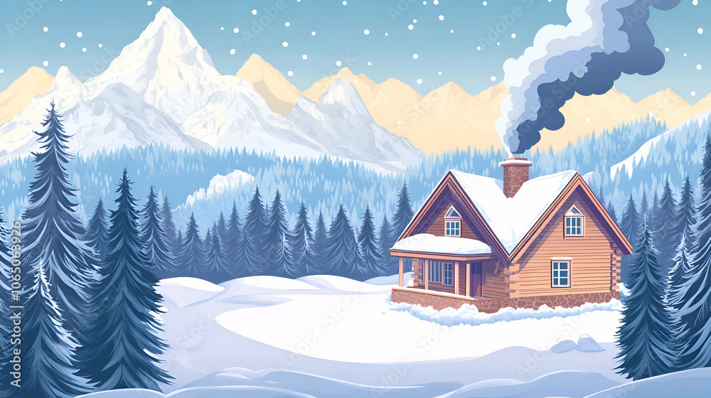 Fototapeta premium A cozy cabin nestled in a snowy mountain forest with smoke rising from the chimney.