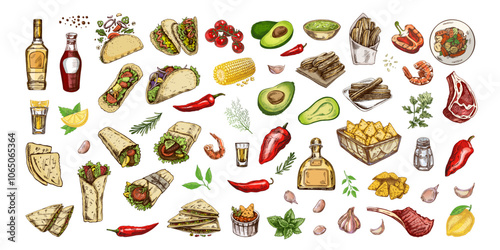 Hand-drawn colored set of realistic mexican dishes and products. Vintage sketch drawings of Latin American cuisine. Vector ink illustration. Mexican culture. Latin America.