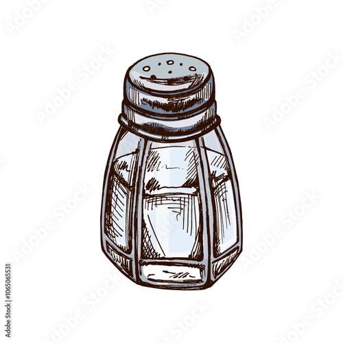 Hand-drawn colored  sketch of glass salt shaker with metal lid. Vintage drawing of salt shaker. Vector black ink outline food sketch illustration. Food, cuisine. An illustration for the menu.