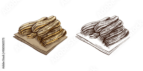 Hand-drawn colored and monochrome sketch of churos. Vintage drawing of Mexican dessert. Vector black ink outline food illustration. Mexican food, cuisine. An illustration for the menu. Latin America.