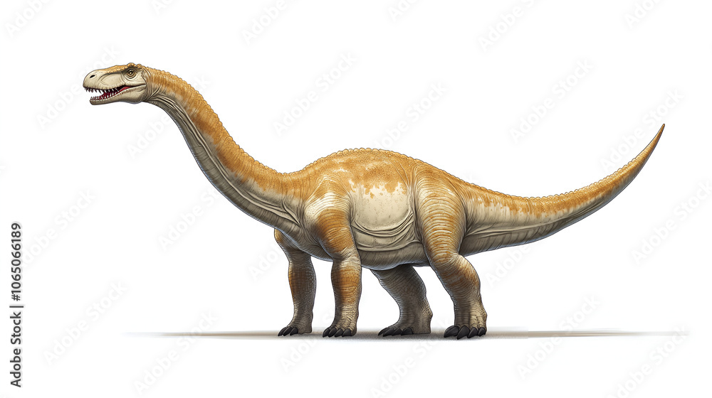 also known as brontosaurus, is depicted in this photo against a clean white background ,  a dinosaur species known for its long neck and tail on white background