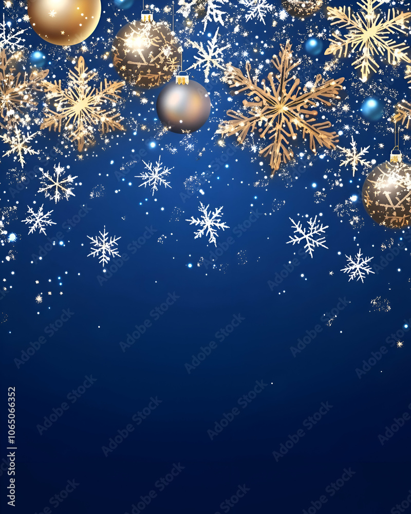 Fototapeta premium Blue and Gold Christmas Background with snowflakes and ornaments.