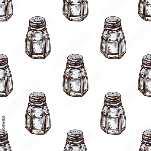 Hand-drawn colored  seamless pattern of glass salt shaker with metal lid.  Food, cuisine. An illustration for the menu.