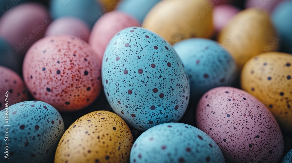 Close-up of Speckled Easter Eggs in Various Colors