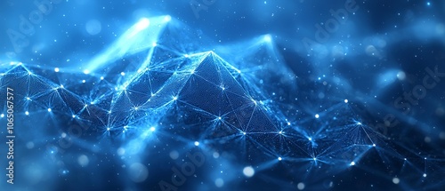 Abstract digital landscape featuring interconnected nodes and flowing lines in blue tones.