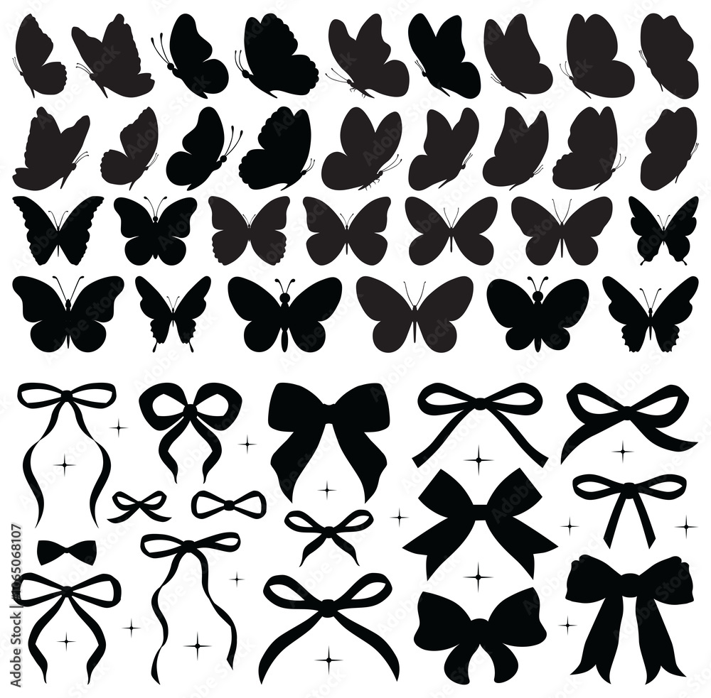 Simple hand drawn ribbon bow collection. Bowknot for decoration, big set of color bowtie. Set of color butterflies isolated on white background, collection of silhouettes.Butterfly black color, flying Simple hand drawn ribbon bow collection. Bowknot for decoration, big set of color bowtie. Set of color butterflies isolated on white background, collection of silhouettes.Butterfly black color, flying
