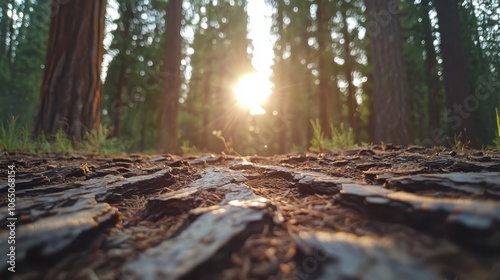 A forest floor close-up with thick tree bark under a canopy of towering trees that let dappled sunlight through, creating an inspiring natural atmosphere.