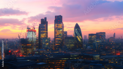 London skyline at dusk with vibrant sunset and modern architecture.
