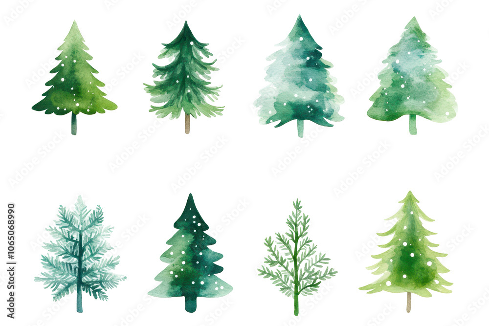 Obraz premium Watercolor illustrations of green Christmas trees with snow dots, isolated on white background. Concept: winter holiday, festive.