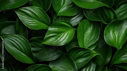 An artistic close-up of lush green leaves in various shapes and sizes, displaying the intricate details of nature in a serene forest environment.