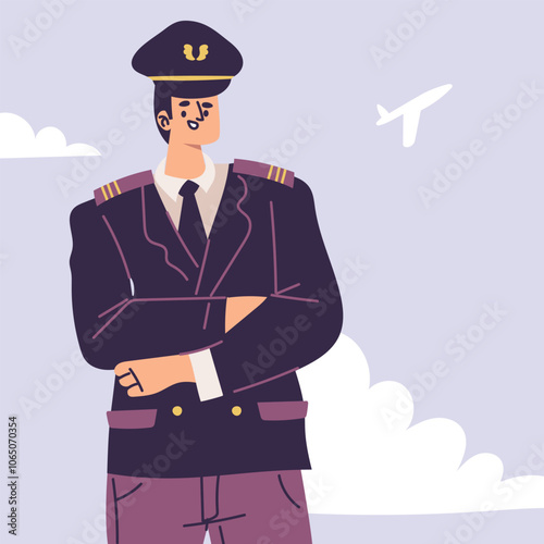 Pilot Man Character in Uniform with Tie Vector Illustration