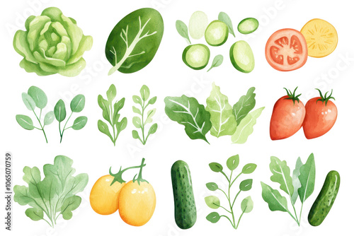 Watercolor illustration of fresh vegetables including tomatoes, cucumbers, and leafy greens on white background. Concept: organic produce.

