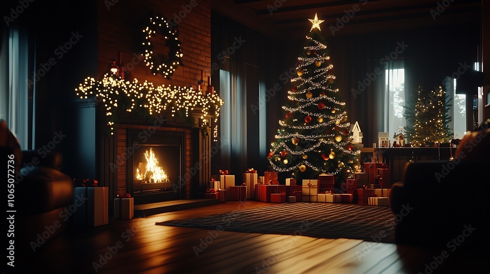 Fototapeta premium Elegant Living Room with Christmas Tree and Fireplace in Holiday Ambiance : Generative AI