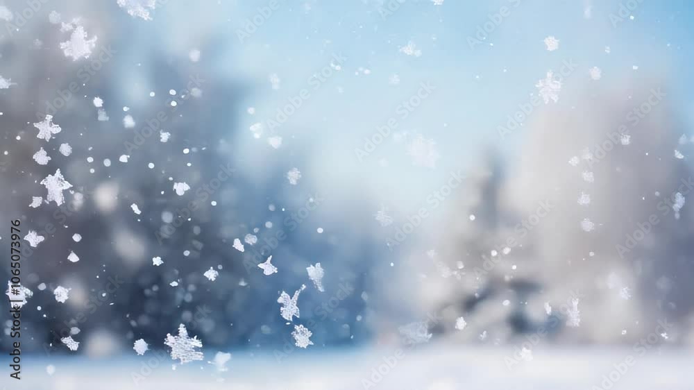 Falling snowflakes with blurred winter forest background, reative projects and seasonal designs, providing a serene and frosty winter aesthetic, video Falling snowflakes with blurred winter forest background, reative projects and seasonal designs, providing a serene and frosty winter aesthetic, video