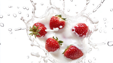 Crédence de cuisine  Fresh strawberry splashing into creamy yoghurt isolated on white background.  © Nattawut