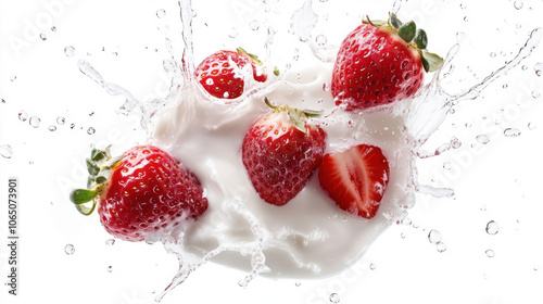 Fresh strawberry splashing into creamy yoghurt isolated on white background.
