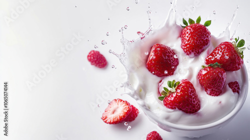 Fresh strawberry splashing into creamy yoghurt isolated on white background.
