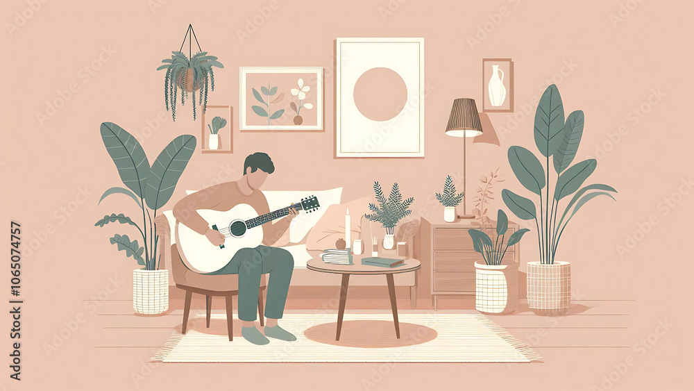 Fototapeta premium Man Playing Acoustic Guitar in a Cozy Living Room