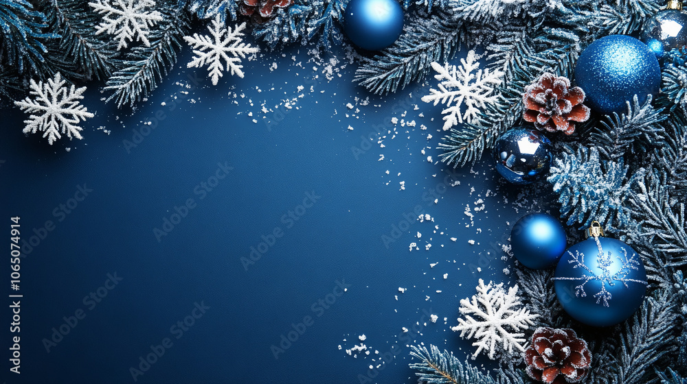 Naklejka premium Christmas border composition with blue and silver ornaments and frosted fir branches on a classic blue background