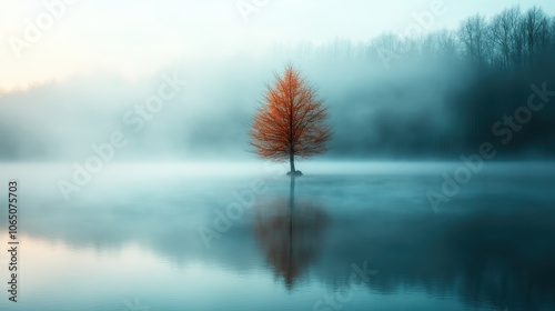 Fototapeta Naklejka Na Ścianę i Meble -  A solitary tree stands in the middle of a fog-blanketed lake at dawn, capturing a mysterious and tranquil mood with its reflection in the water.