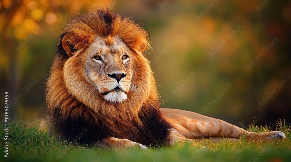Fototapeta premium Majestic Lion Resting in Golden Light