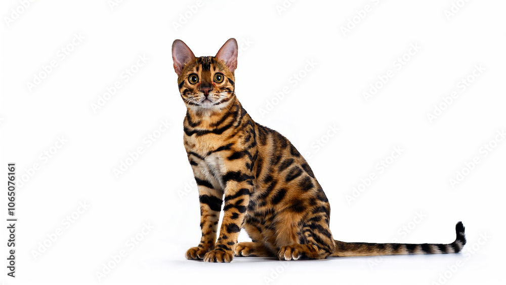 Fototapeta premium Toyger cat sitting on white background.