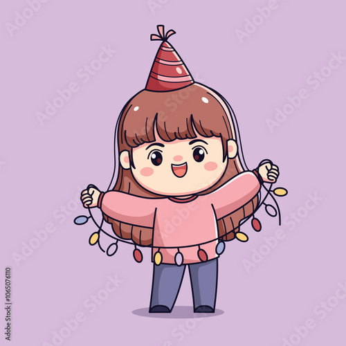 Cute cartoon girl celebrating new year or birthday party chibi kawaii