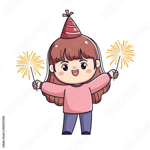 Cute cartoon girl celebrating new year or birthday party chibi kawaii