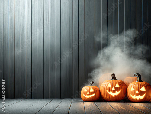 Three pumpkins with glowing eyes are standing on a wooden floor