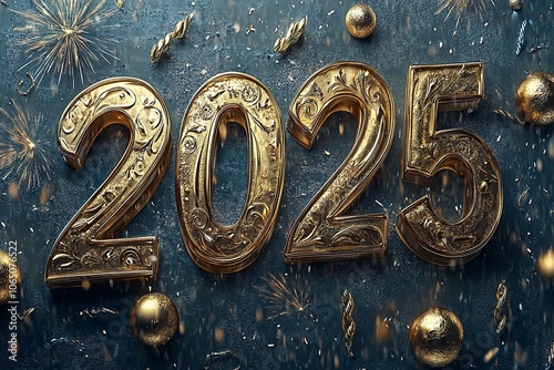 An ultra-realistic digital artwork of the golden number "2025" with fireworks display, New Year's Confetti and Balls, a gold glow effect, a dark background, generative ai