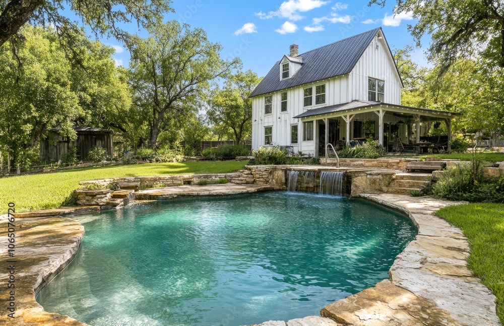 Obraz premium A beautiful home featuring an elegant pool and large backyard with lush green grass.