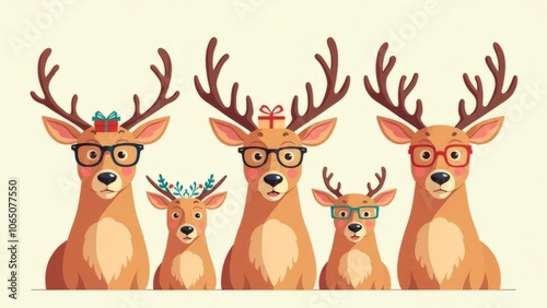 Three cute cartoon reindeer with antlers, wearing glasses and festive accessories, surrounded by decorative elements on a light background