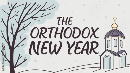 Orthodox new year celebration with winter scene and church illustration