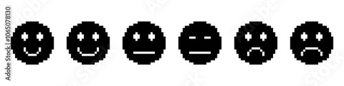 Pixel emoji set. Emoji faces collection. Emojis pixel style. Happy and sad emoji. 