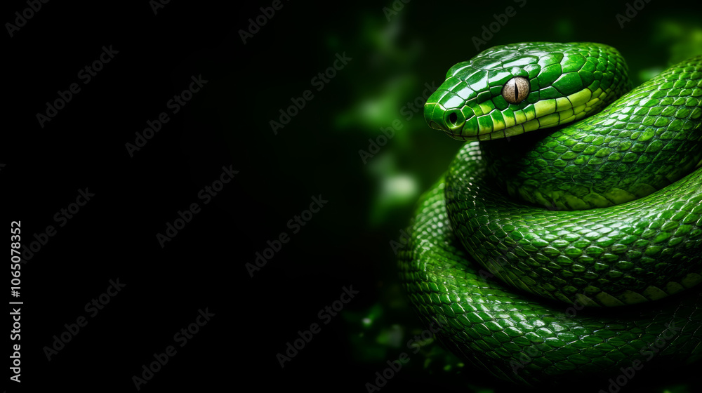 Fototapeta premium A close-up view of a vibrant green snake coiled among lush foliage in a tropical environment on a black background