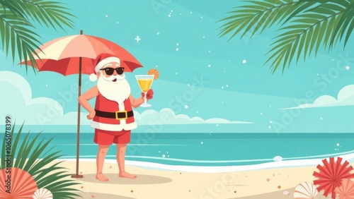 Santa Claus enjoying a tropical beach vacation, standing with a cocktail under an umbrella, surrounded by seashells and palm trees against a sunny sky with scattered snowflakes