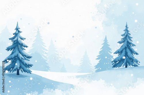 Winter landscape with snow-covered fir trees, soft blue tones and snowfall creating a peaceful, frosty atmosphere, with copy space