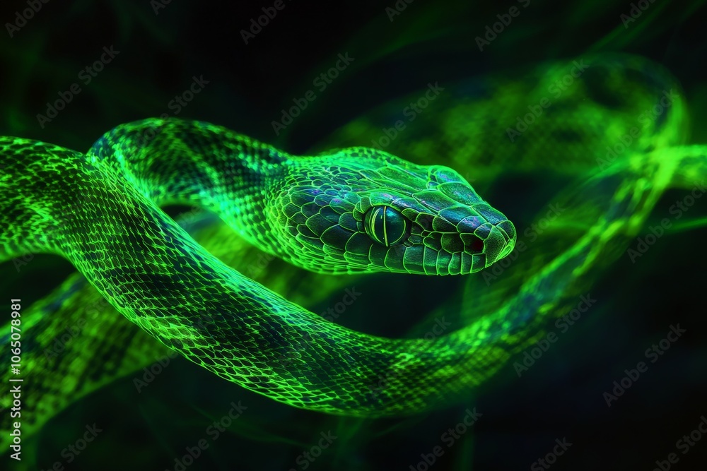 Obraz premium An ethereal green snake glows brilliantly against a dark background, showcasing its elegant serpentine form and highlighting the mesmerizing beauty of nature.