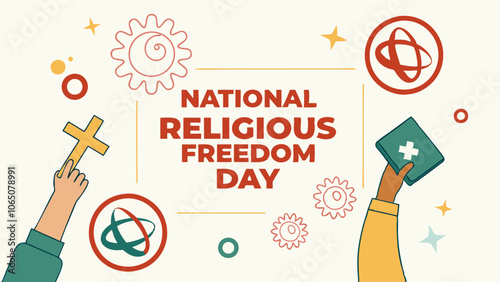 Celebrating national religious freedom day with colorful handheld symbols and geometric designs