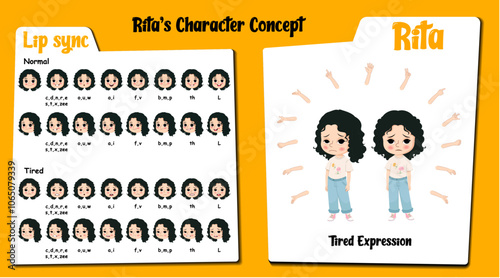 Tired girl cartoon character. Tired girl face expression cartoon. Lip sync for animation & hand gestures. clipart, graphic, illustration.