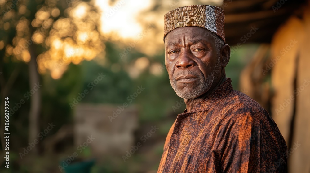 Naklejka premium An elderly man wearing a textured hat stands in a rustic outdoor setting, exuding wisdom and resilience amid lush greenery in a calm and contemplative mood.