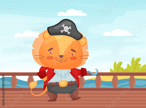 Cute Lion Animal Pirate and Sea Robber in Hat with Hook Vector Illustration