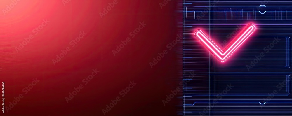 Fototapeta premium Futuristic neon design featuring a glowing checkmark on a red background, symbolizing confirmation and success in technology.