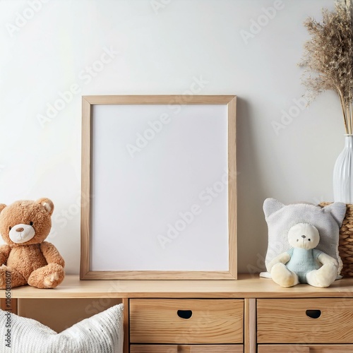 close up of mock up frame in children s room with wooden furniture photo