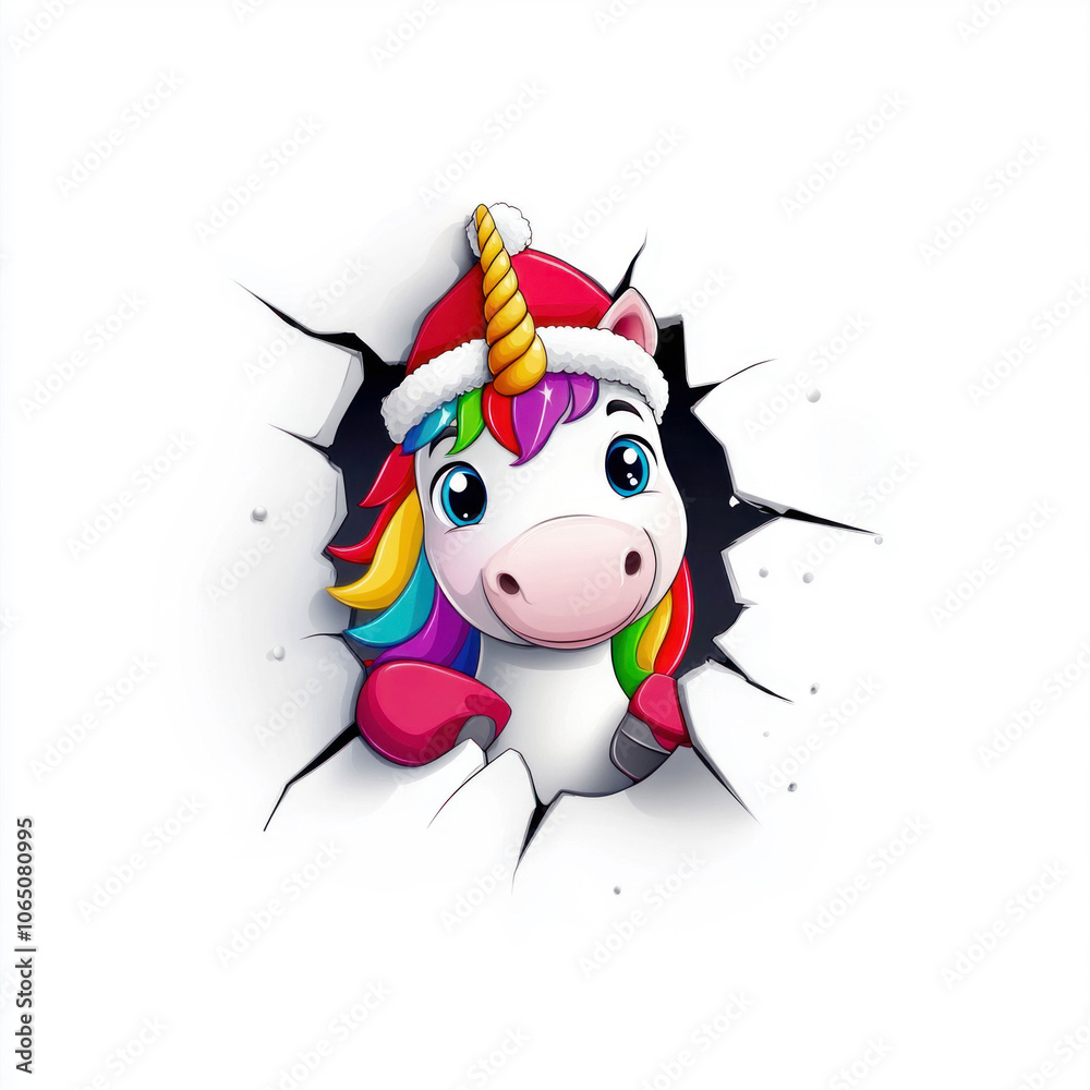Fototapeta premium Cute Unicorn Breaking Through Wall with Colorful Mane