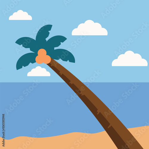 Summertime on the beach. cartoon Palms and plants around. Summer vacation on sea coast. Tropical paradise island sandy beach, palm trees and sea. Vector illustration in flat style